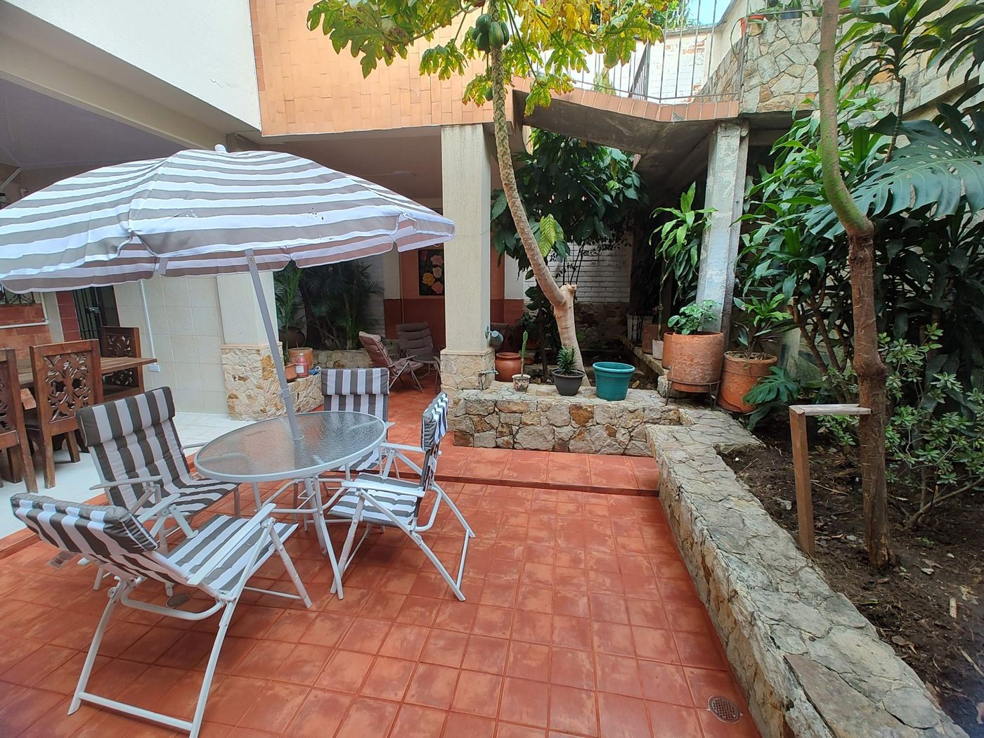 Patio con sombrilla y zonas verdes